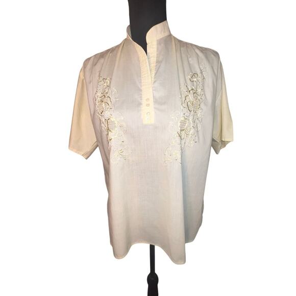 Paul Game Paris Mens XL yellow embroidered short sleeve sheer Barong Polo Shirt - Picture 1 of 6